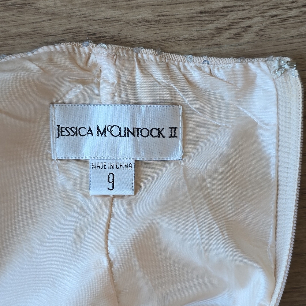 Vintage Jessica McClintock Champagne Sequin Belted Strapless Tulle Dress 9 Y2K - Picture 5 of 13